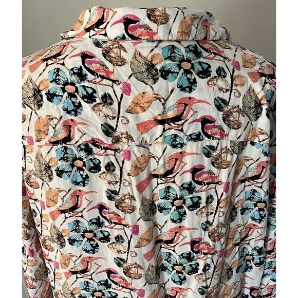 Talbots Blouse Sz 2X Bird Print Long Sleeves Roll Tab Teacher Art To Wear Casual - Picture 6 of 9